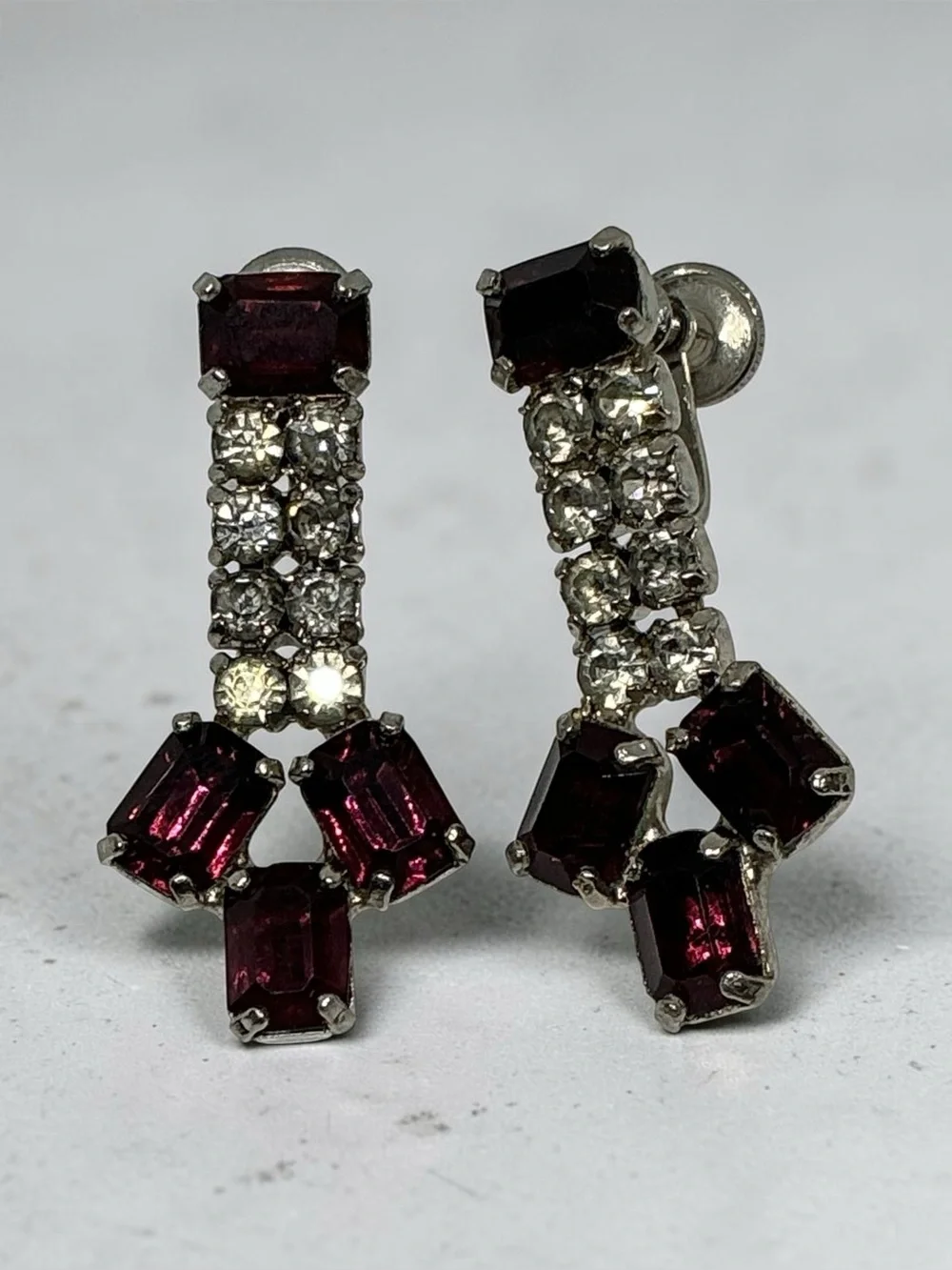 Vintage Silver-Tone Amethyst Purple Rhinestone Dangle Earrings, Screw-Back